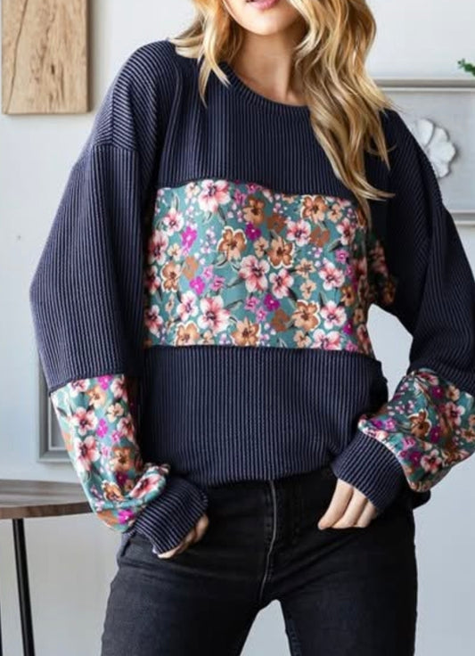 Navy Floral Color Block Top