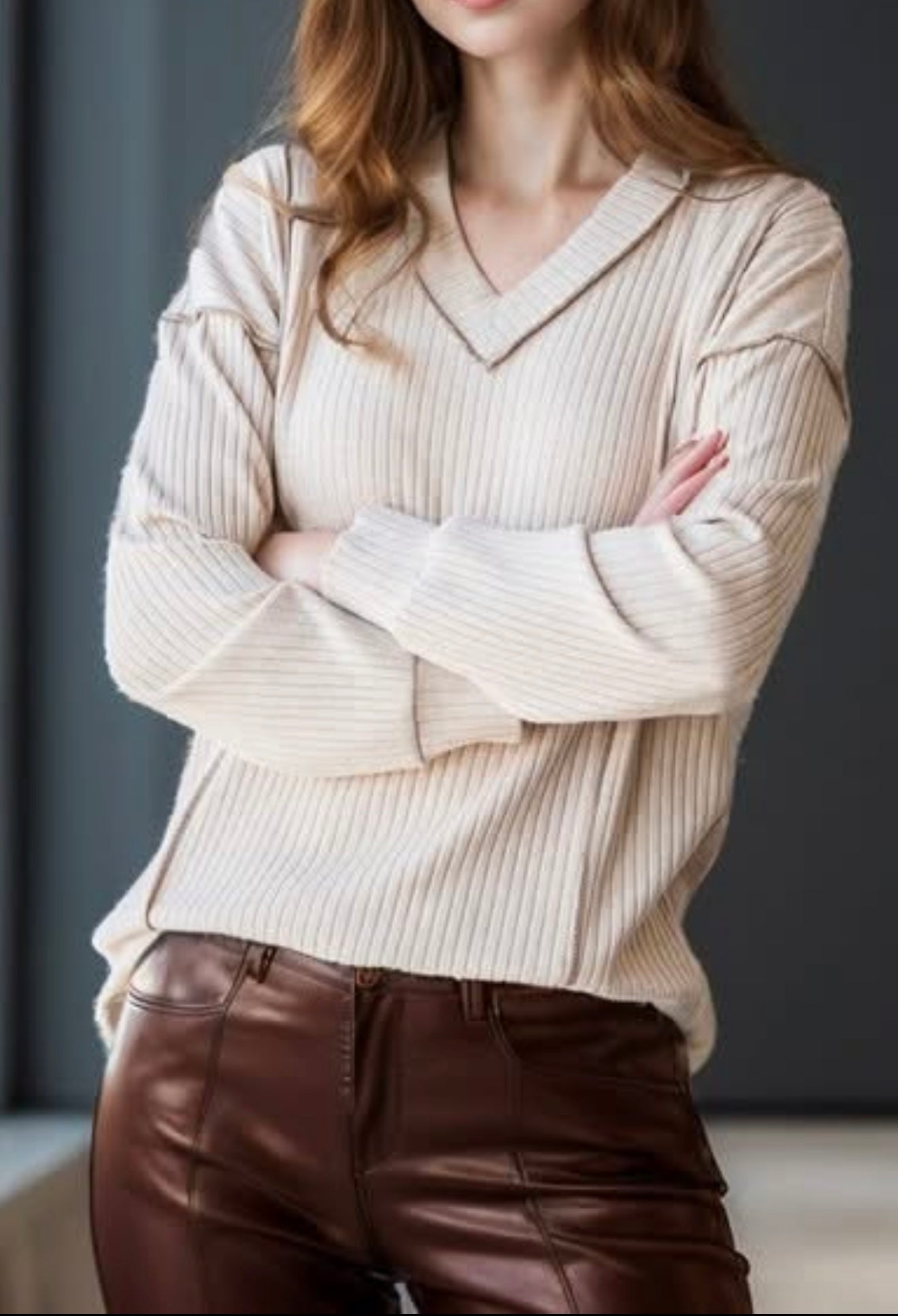 Oatmeal V-Neck Top ~ Curvy
